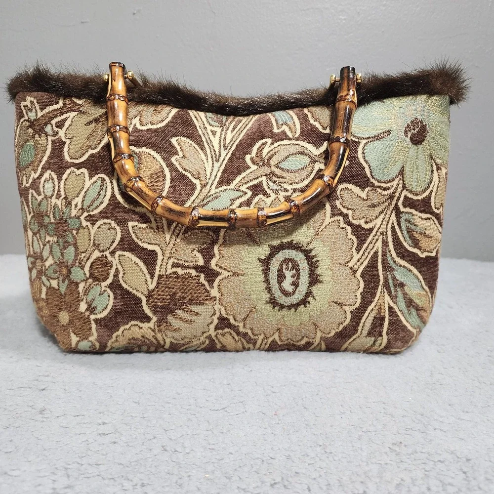 Tapestry Floral Purse Bamboo‎ Handle Brown Faux Fur Louise N.Y. Inc Bag NWT